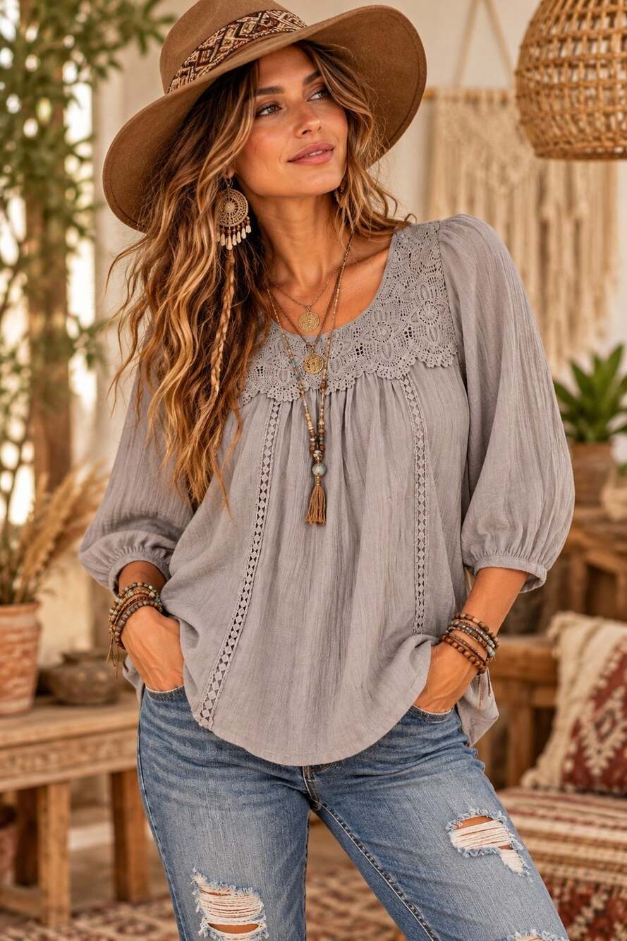 Fig and Flower Women’s L Gray Boho Scoop Neck Crochet Lace 3/4 Puff Sleeve Top